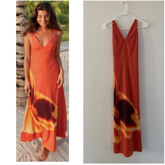 Abercrombie & Fitch Vibrant Orange Dipped-Waist Hardware Tropical Maxi Dress
